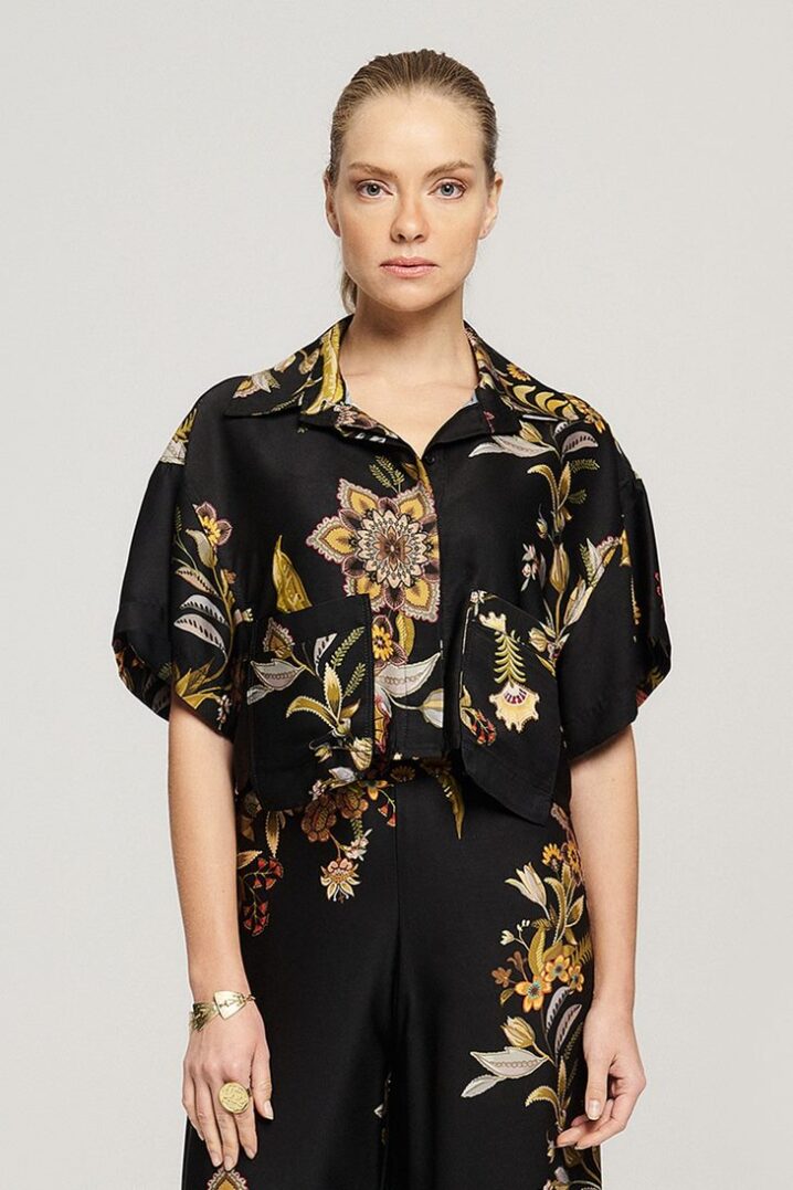 Γυναικείο Crop Πουκάμισο Floral-Μαύρο