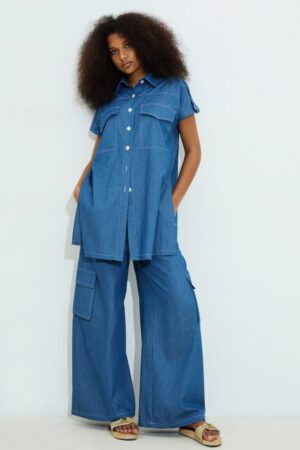 Γυναικεία Irie Denim Safari Oversize Πουκαμίσα-Μπλε