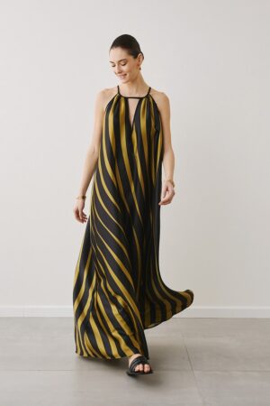 Γυναικείο Stripped Maxi Φόρεμα-Λαδί