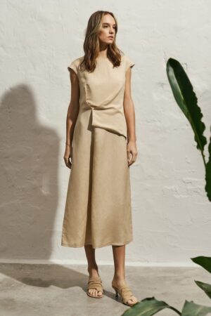 Γυναικείο Linen Ruffle Φόρεμα-Μπεζ