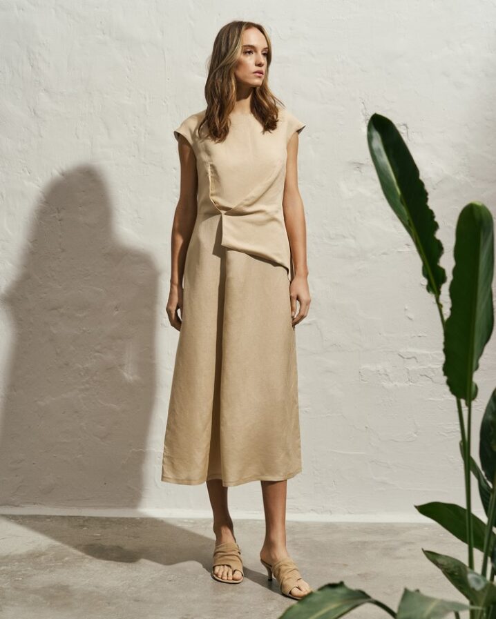 Γυναικείο Linen Ruffle Φόρεμα-Μπεζ