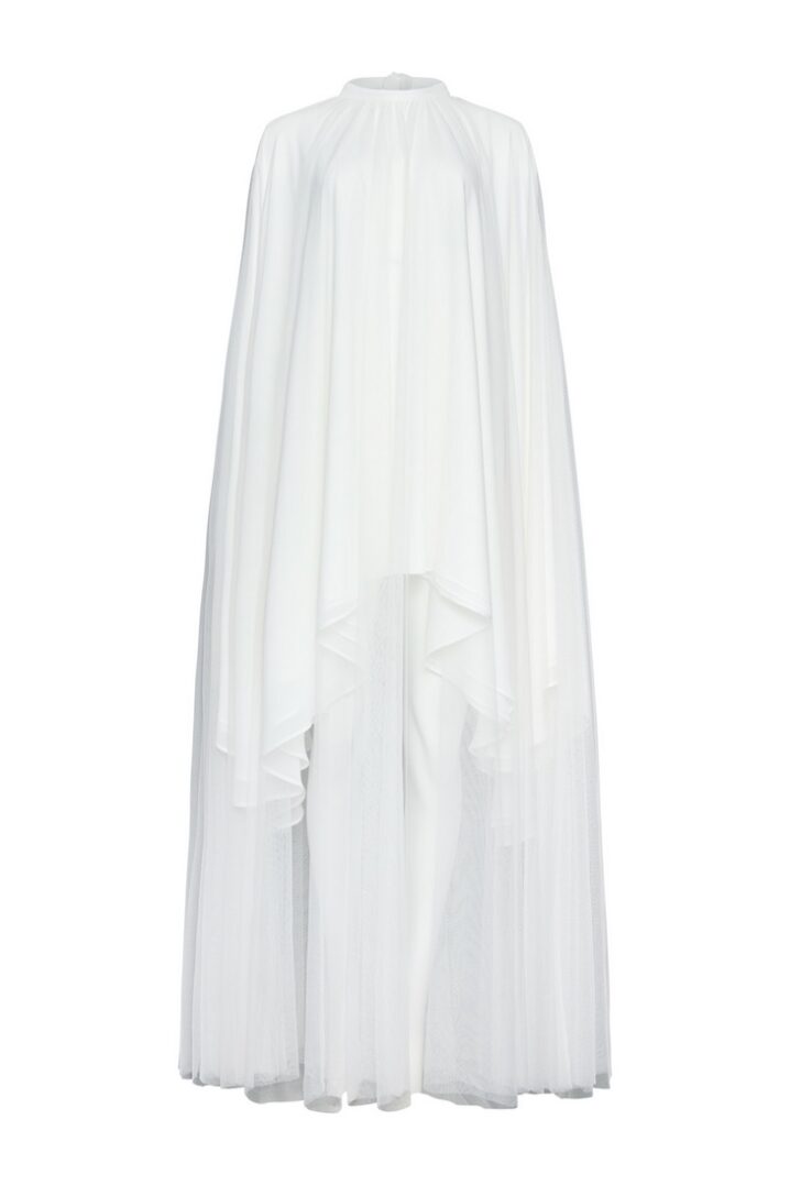 Γυναικείο Sheer Layered Cape Φόρεμα-Λευκό