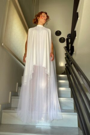 Γυναικείο Sheer Layered Cape Φόρεμα-Λευκό
