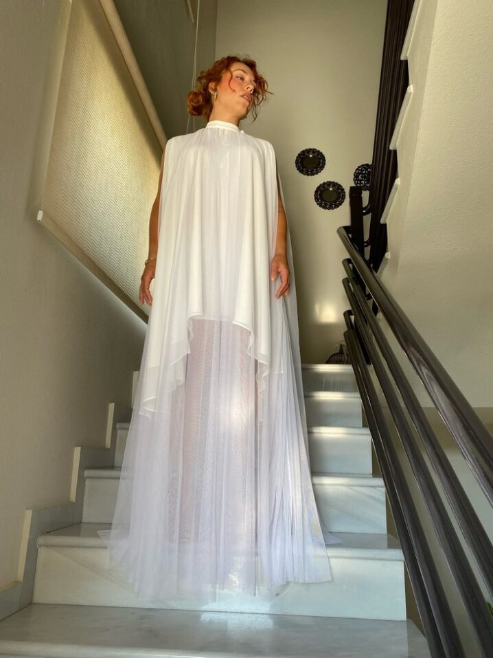 Γυναικείο Sheer Layered Cape Φόρεμα-Λευκό