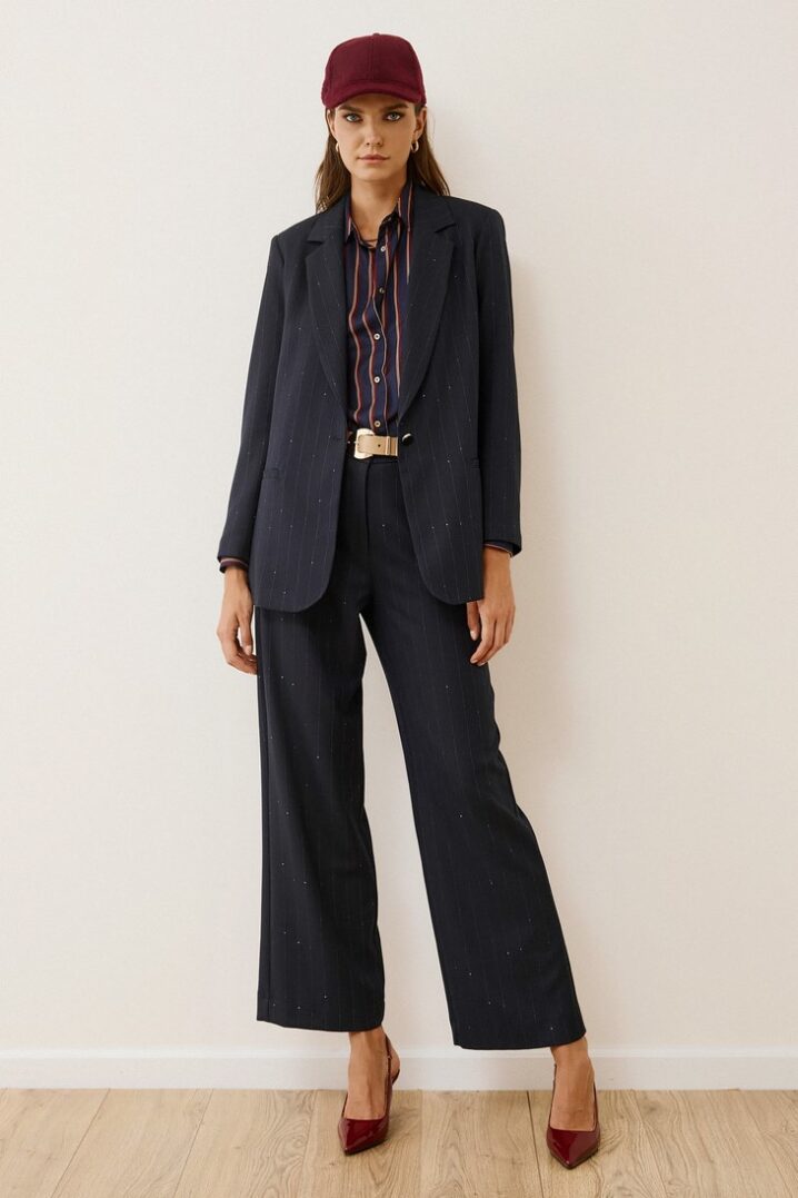 Γυναικείο Sequin Pinstripe Παντελόνι-Μπλέ - Image 3