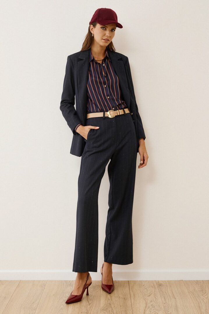 Γυναικείο Sequin Pinstripe Παντελόνι-Μπλέ
