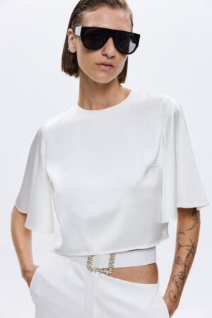 Γυναικείο Glam Satin Crop Top-Λευκό