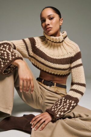 Γυναικεία Cropped stripped knit Μπλούζα-Καφέ