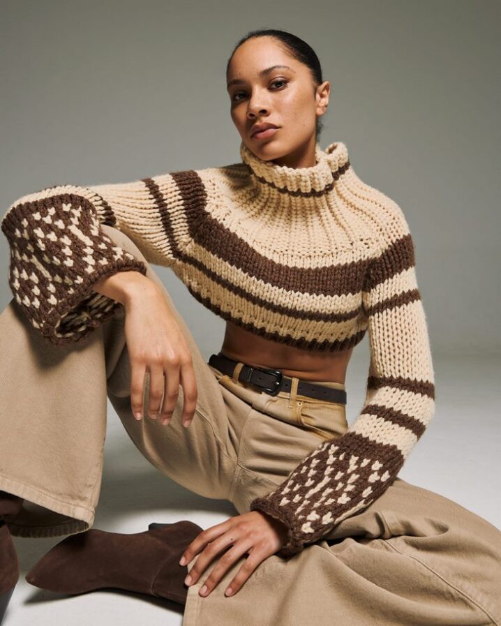 Γυναικεία Cropped stripped knit Μπλούζα-Καφέ