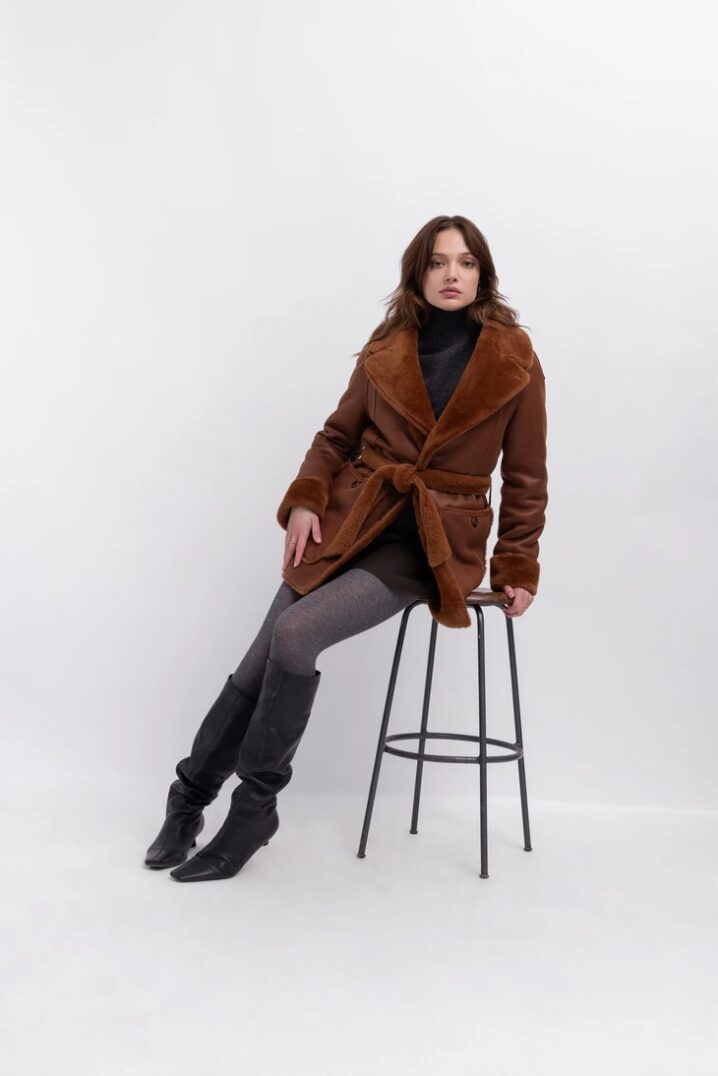 Γυναικείο Reversible Belted Πανωφόρι-Καφέ/Toffee - Image 2