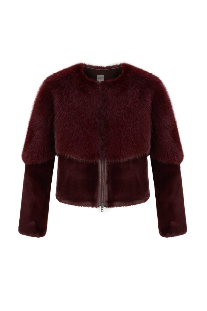 Γυναικείο Collarless Blouson Μπουφάν/Γούνα-Burgundy - Image 2