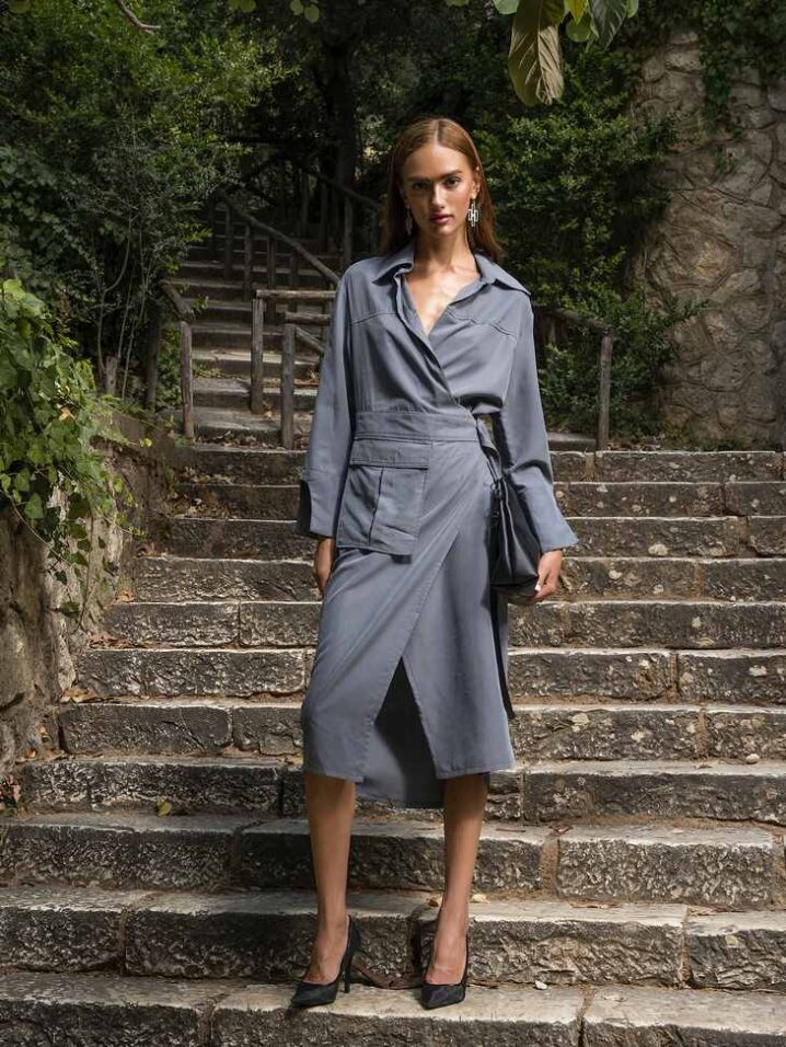 Γυναικείο Wrap Style Φόρεμα-Γκρί - Image 4