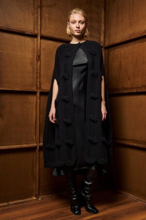 Γυναικεία Long Knit Cape Ζακέτα-Mαύρο