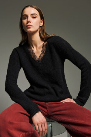 Γυναικεία V neck lace knit Μπλούζα-Μαύρο