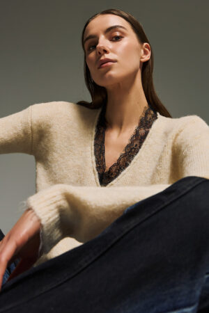 Γυναικεία V neck lace knit Μπλούζα-Μπεζ