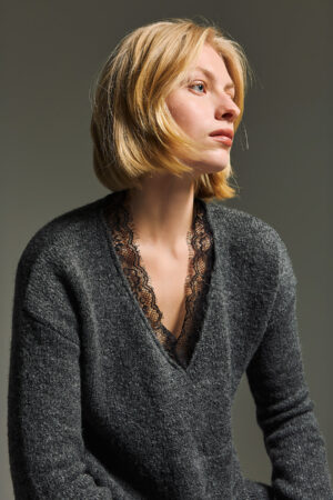 Γυναικεία V neck lace knit Μπλούζα-Γκρί