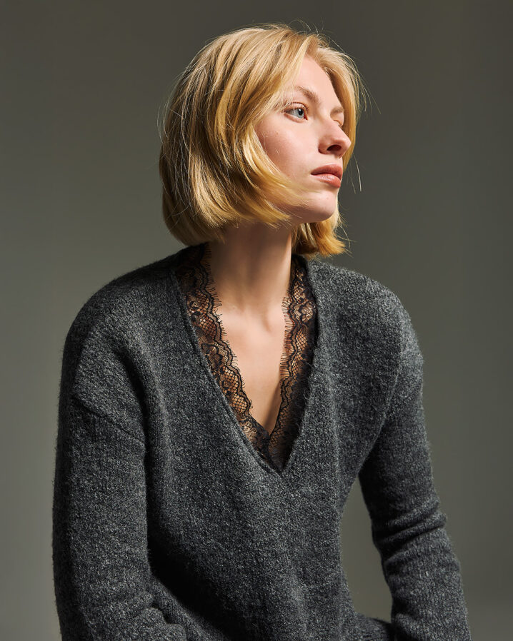 Γυναικεία V neck lace knit Μπλούζα-Γκρί