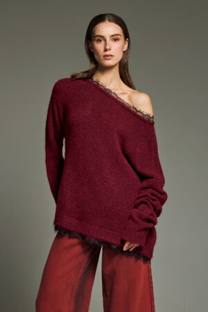 Γυναικεία Open Neck Lace Knit Μπλούζα-Μπορντό