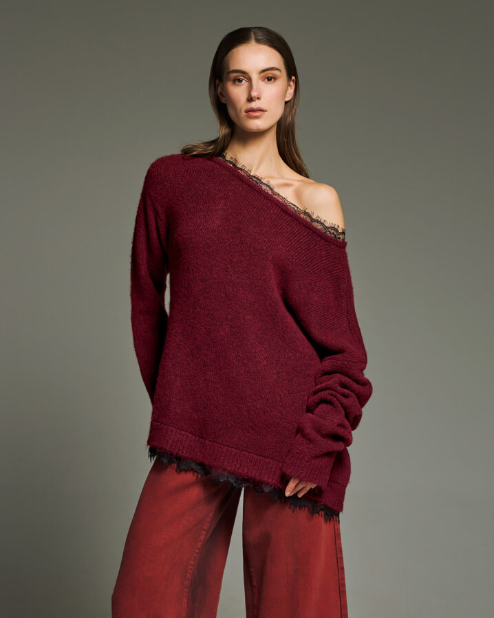 Γυναικεία Open Neck Lace Knit Μπλούζα-Μπορντό