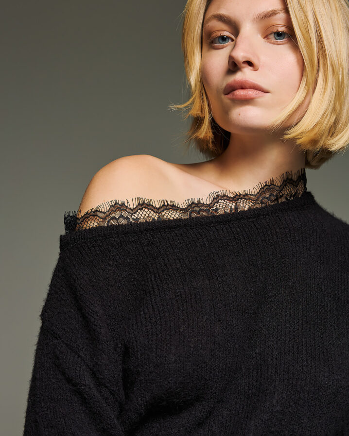 Γυναικεία Open Neck Lace Knit Μπλούζα-Μαύρο - Image 2
