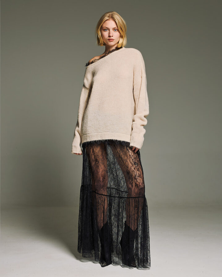 Γυναικεία Open Neck Lace Knit Μπλούζα-Μπεζ - Image 2