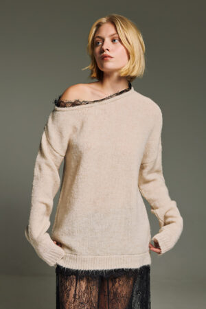 Γυναικεία Open Neck Lace Knit Μπλούζα-Μπεζ