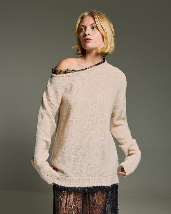 Γυναικεία Open Neck Lace Knit Μπλούζα-Μπεζ