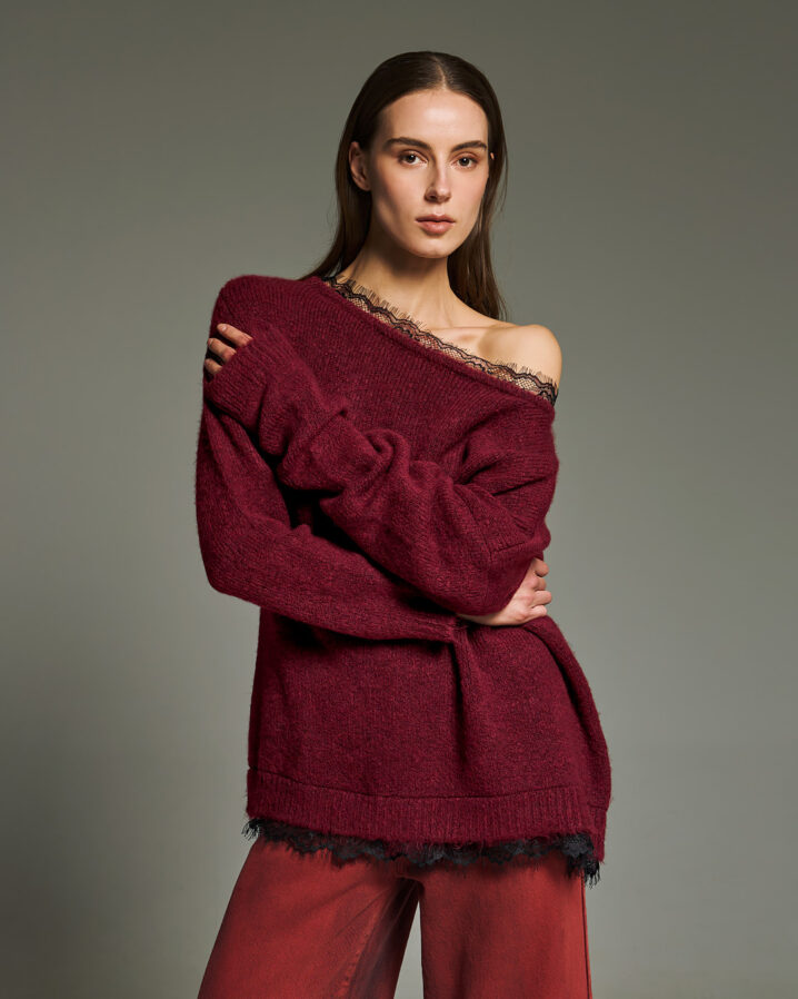 Γυναικεία Open Neck Lace Knit Μπλούζα-Μπορντό - Image 2