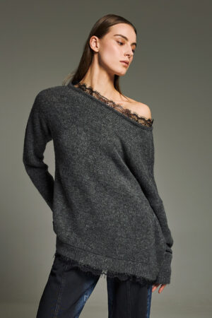 Γυναικεία Open Neck Lace Knit Μπλούζα-Γκρί