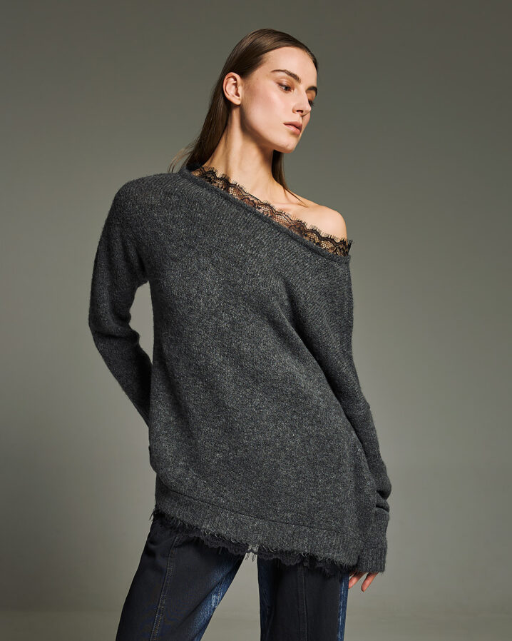 Γυναικεία Open Neck Lace Knit Μπλούζα-Γκρί