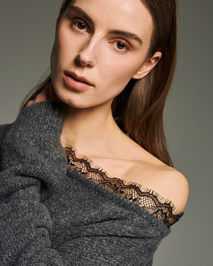 Γυναικεία Open Neck Lace Knit Μπλούζα-Γκρί - Image 2