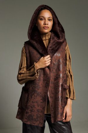Γυναικείο Mutton Fur Sleeveless Hoodie Μπουφάν-Καφέ