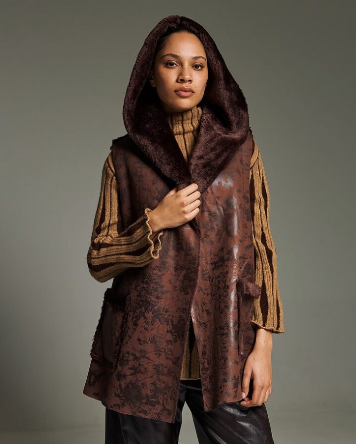 Γυναικείο Mutton Fur Sleeveless Hoodie Μπουφάν-Καφέ