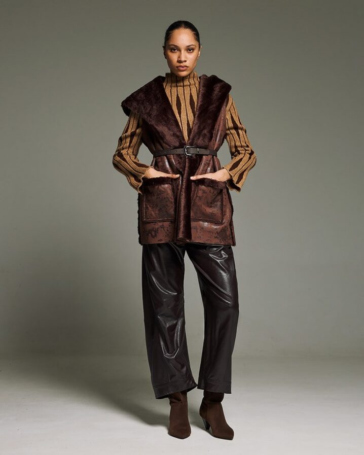 Γυναικείο Mutton Fur Sleeveless Hoodie Μπουφάν-Καφέ - Image 2