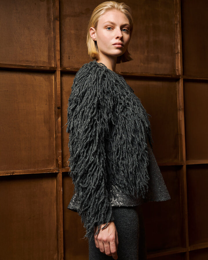 Γυναικεία Short fringed knit Ζακέτα-Γκρί - Image 2