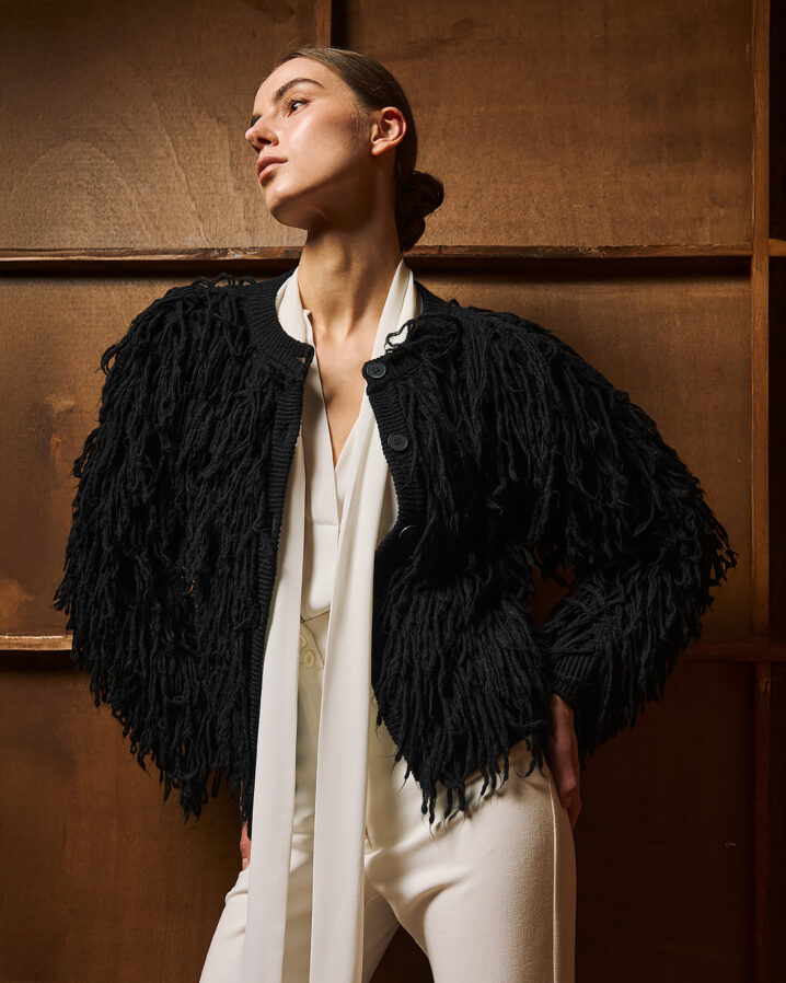 Γυναικεία Short fringed knit Ζακέτα-Μαύρο