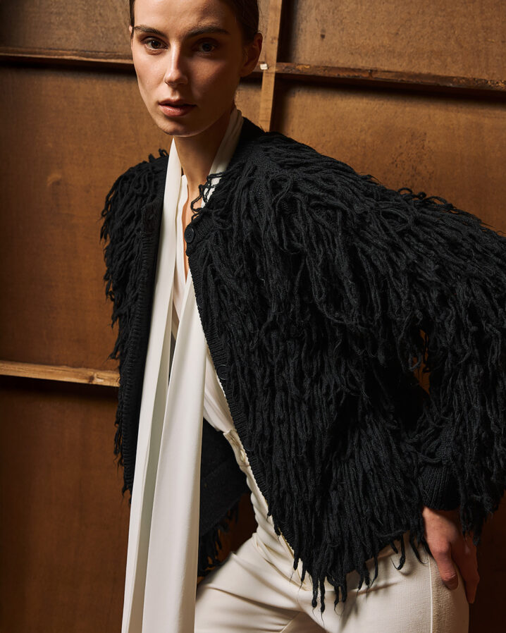 Γυναικεία Short fringed knit Ζακέτα-Μαύρο - Image 2