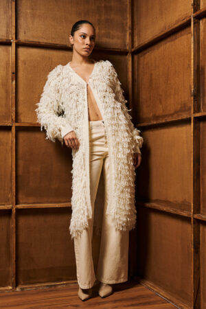 Γυναικεία Long Fringed Knit Ζακέτα-Εκρού