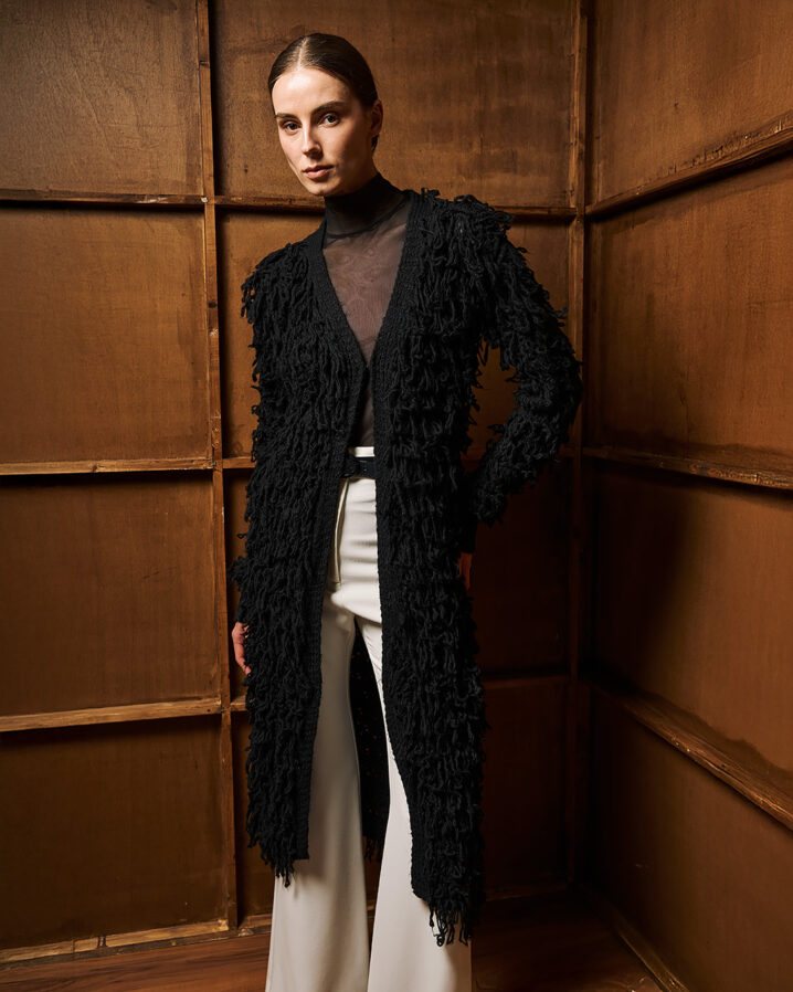 Γυναικεία Long Fringed Knit Ζακέτα-Μαύρο