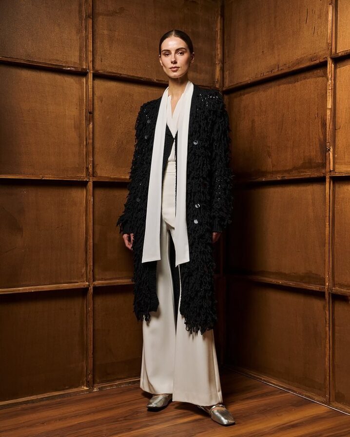 Γυναικεία Long Fringed Knit With Tinsel Ζακέτα-Μαύρο - Image 4