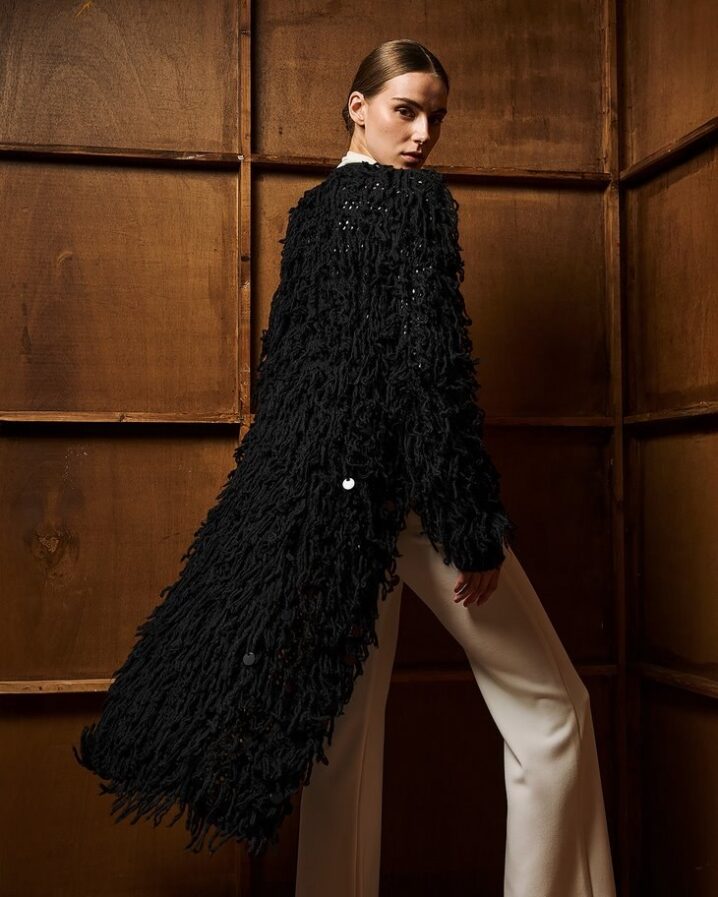 Γυναικεία Long Fringed Knit With Tinsel Ζακέτα-Μαύρο - Image 3