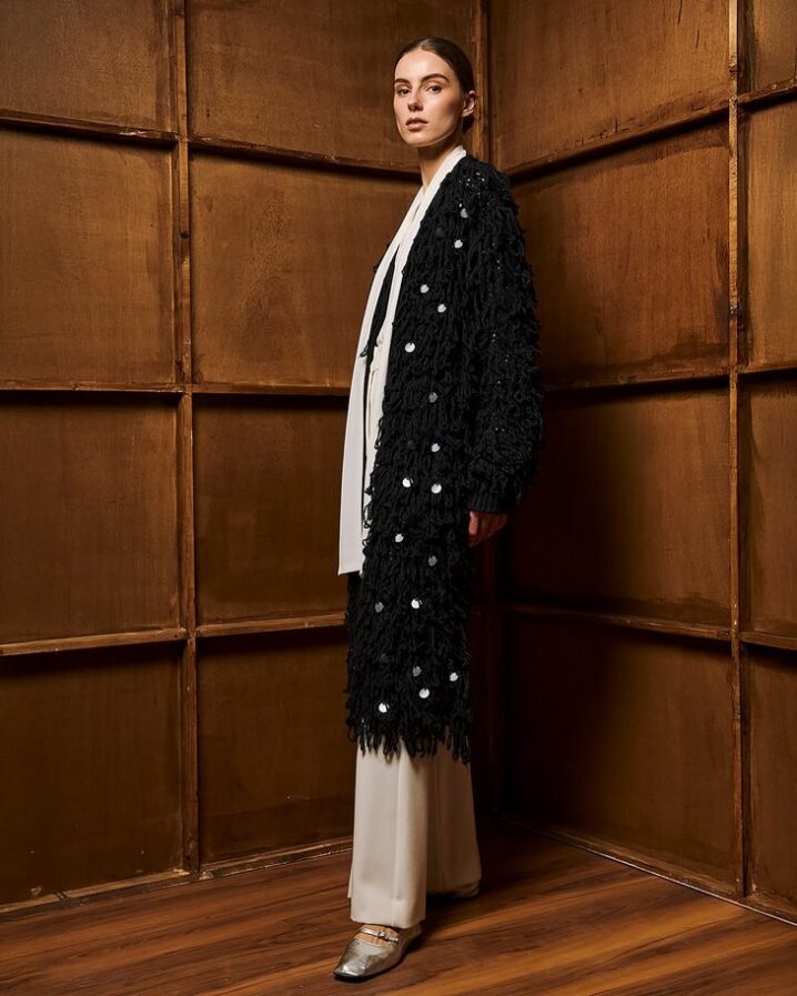 Γυναικεία Long Fringed Knit With Tinsel Ζακέτα-Μαύρο - Image 2