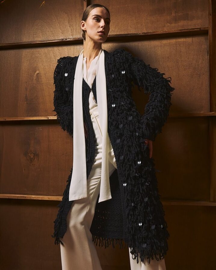Γυναικεία Long Fringed Knit With Tinsel Ζακέτα-Μαύρο