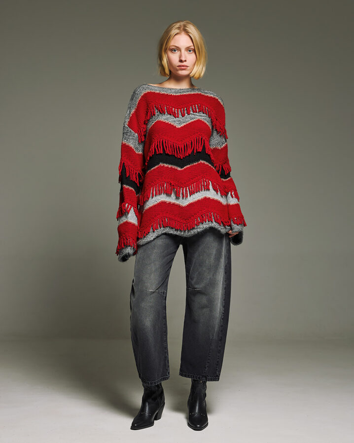 Γυναικεία Fringed Knit With Stripes Μπλούζα-Κόκκινο - Image 2