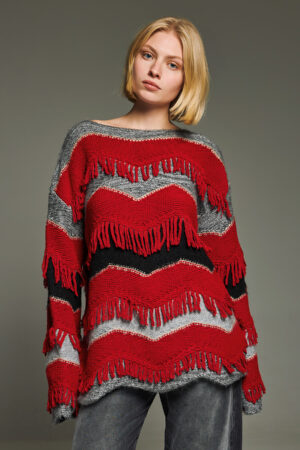 Γυναικεία Fringed Knit With Stripes Μπλούζα-Κόκκινο