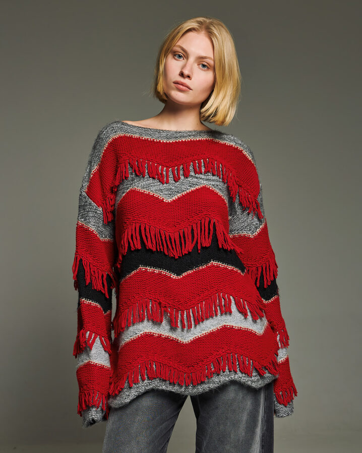 Γυναικεία Fringed Knit With Stripes Μπλούζα-Κόκκινο