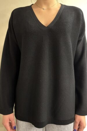 Γυναικεία Πλεκτή Μπλούζα Oversized Vneck-Μαύρο