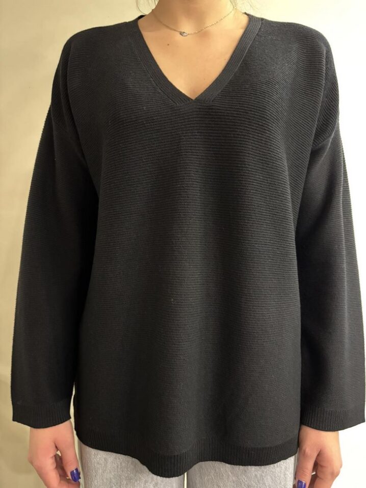 Γυναικεία Πλεκτή Μπλούζα Oversized Vneck-Μαύρο