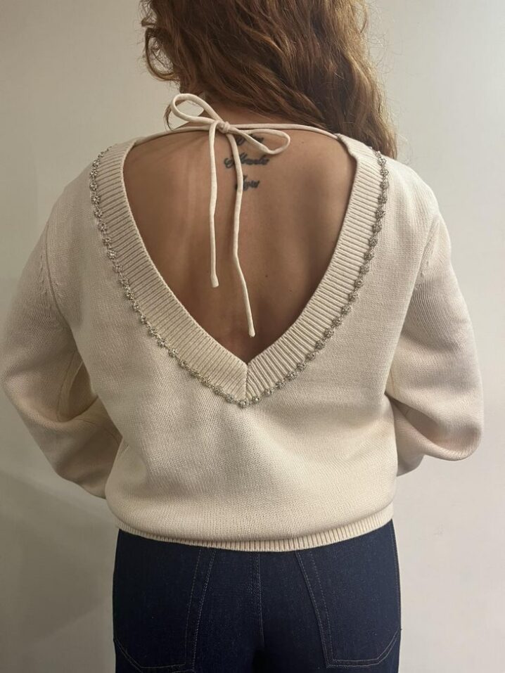 Γυναικεία Open Back Glam Πλεκτή Μπλούζα-Εκρού - Image 2