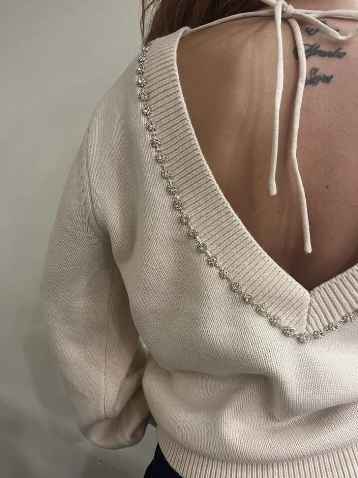 Γυναικεία Open Back Glam Πλεκτή Μπλούζα-Εκρού - Image 4
